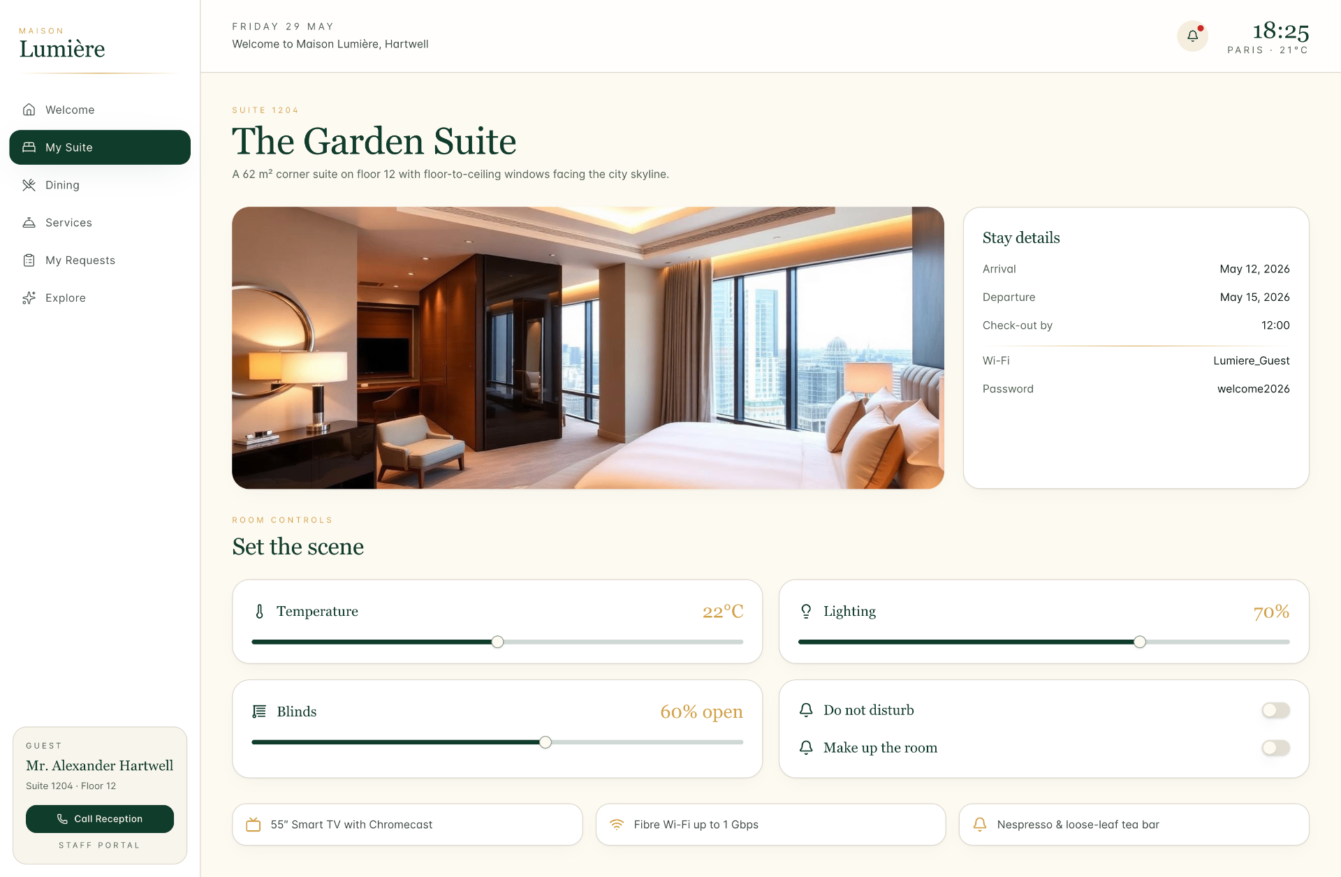Guest-facing in-room tablet experience showing The Garden Suite welcome screen, room controls and stay details