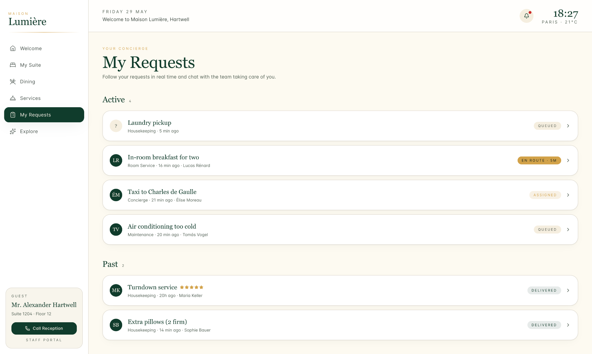 Avelle guest app - Live request tracking